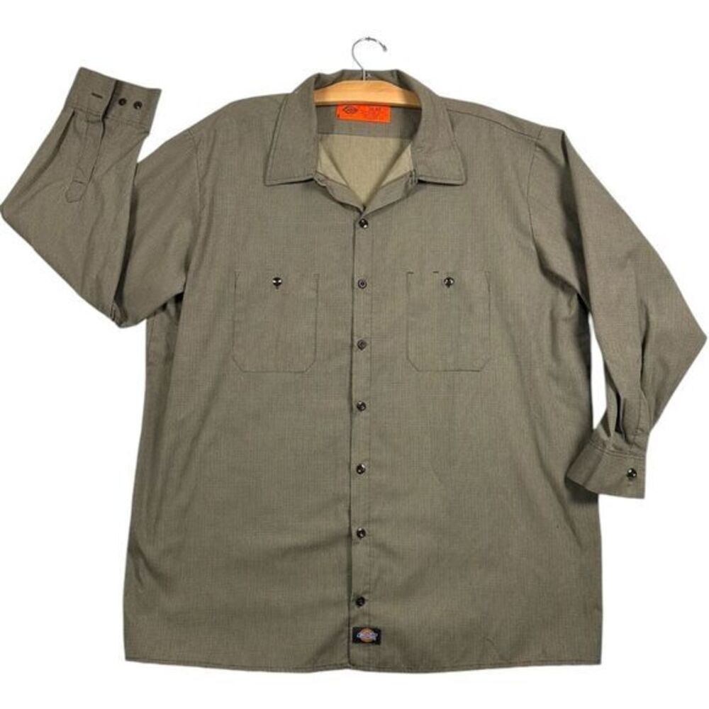VTG Dickies Work Shirt Long Sleeve‎ Mens 3XL RG Khaki Plaid Button Up Top Grunge